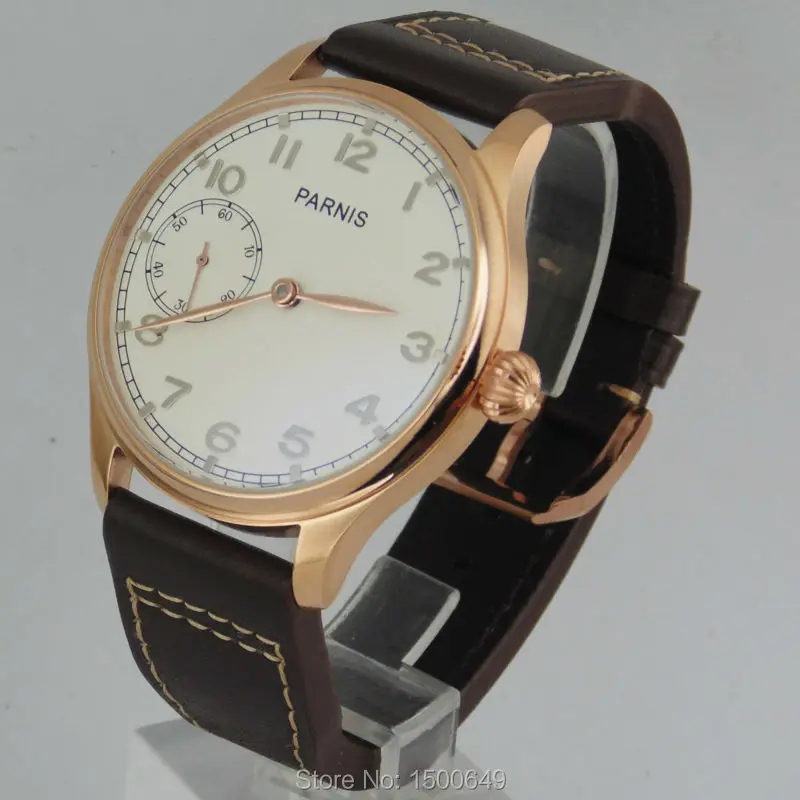 

44mm Parnis white dial Rose Gold case hand winding 6497 mens Wrist Watch