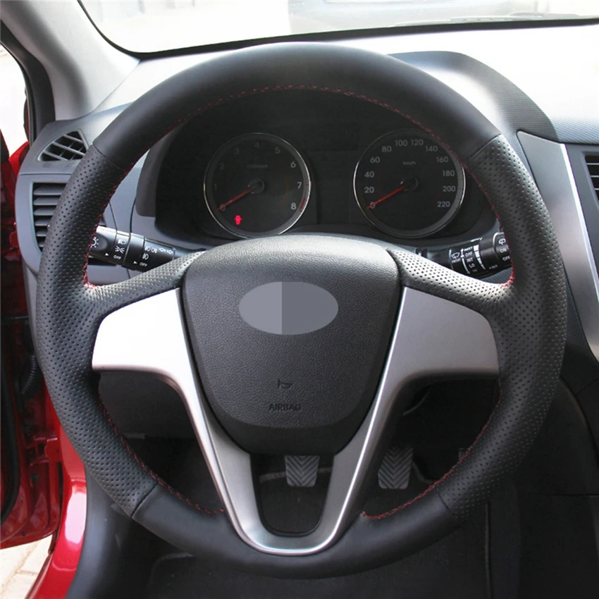 DIY черная крышка рулевого колеса автомобиля из натуральной кожи для hyundai Solaris(RU) 2010- Verna 2010- i20 2009- Accent
