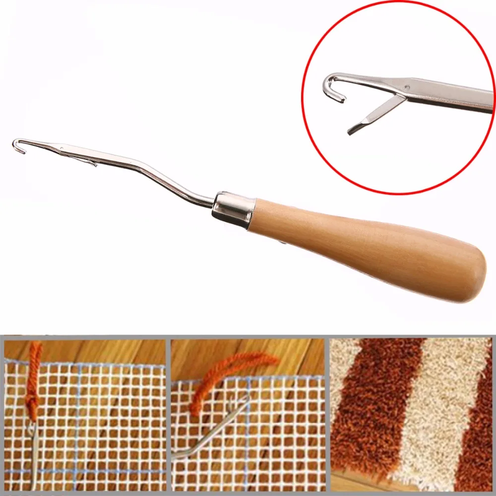 1pc Latch Crochet Hook Wooden Handle Needle Puller Tool For Canvas Mat Rug Craft
