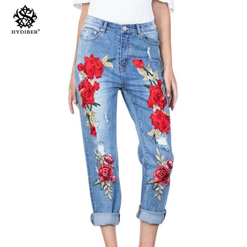 2018 New Plus Size Stretchy Ripped Jeans With Scuffs 3D Embroidery Flowers Woman Denim Pants Trousers For Women 4-S-AM081 |