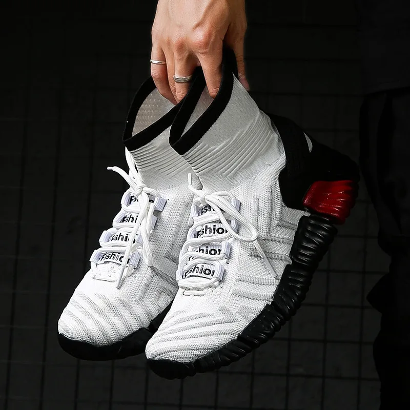 New High Top Platform Sneakers Men fly weave Stretch Sock Shoes men Dad Chunky Black red hip hop Thick Sole | Обувь