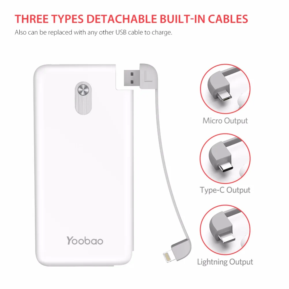 Yoobao 10000 мА/ч Встроенный кабель внешний аккумулятор двойной USB вход Ультра тонкое
