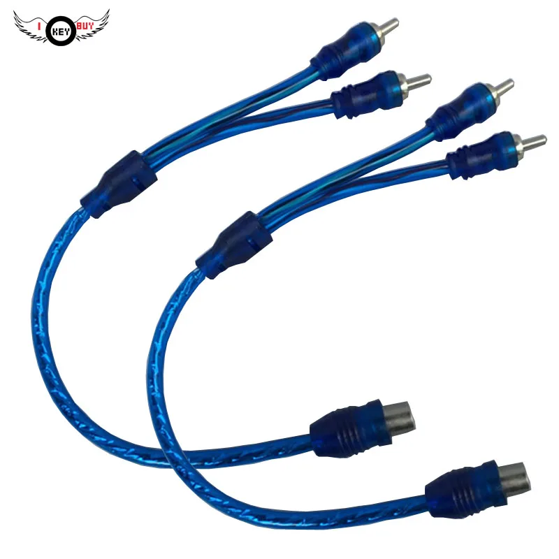 Hot Selling 2PCS 200mm PVC Car Audio Amplifier Wiring Kit RCA One Female Two Male Lotus line Bare Copper Wire Blue