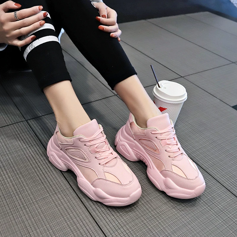 Pink Sneakers Women Shoes Chunky Sneakers New Trendy Female Leather Casual Shoes Woman Basket chaussures femme Dropshipping