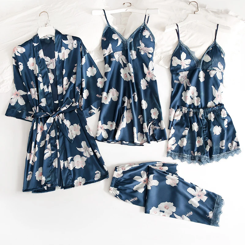 

New Womens 5PC Strap Top Pants Suit Pajamas Sleepwear Sets Spring Autumn Home Wear Nightwear Kimono Robe Bath Gown M-XL