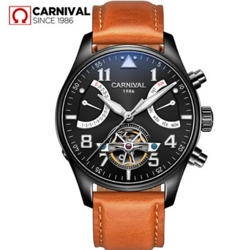 

2017 New Carnival brand tourbillon automatic mechanical watches full steel clocks luxury mens watch genuine leather montre saati