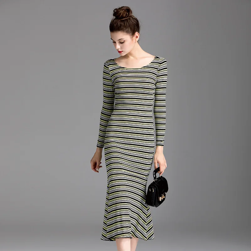 2017 Для женщин осенние модные элегантные О-образным вырезом с длинным рукавом