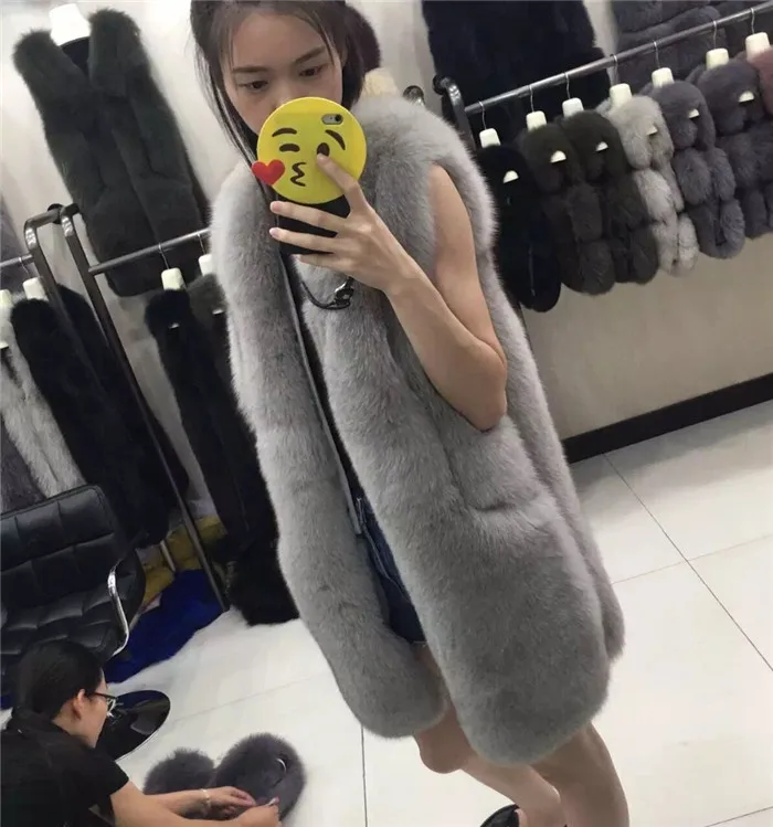 Зимние Модные женские меховые пальто толстые теплые из натурального Лисьего меха жилет без рукавов Длинная Куртка
