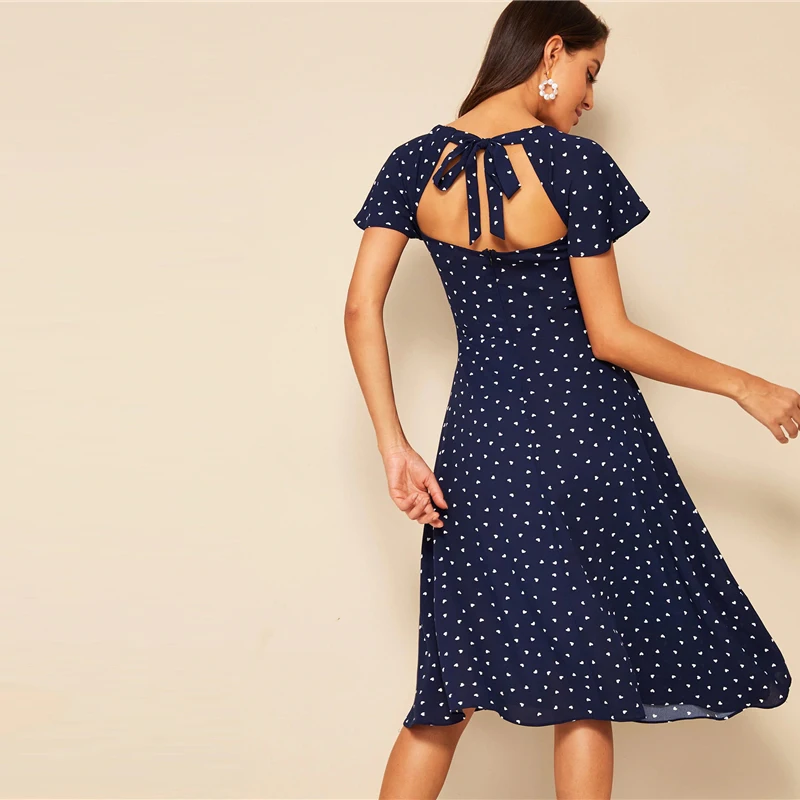 SHEIN женское платье с принтом в виде сердца, с рукавами-крылышками, с вырезом на спине,, темно-синее ТРАПЕЦИЕВИДНОЕ ПЛАТЬЕ С Высокой Талией, летнее элегантное платье с квадратным вырезом