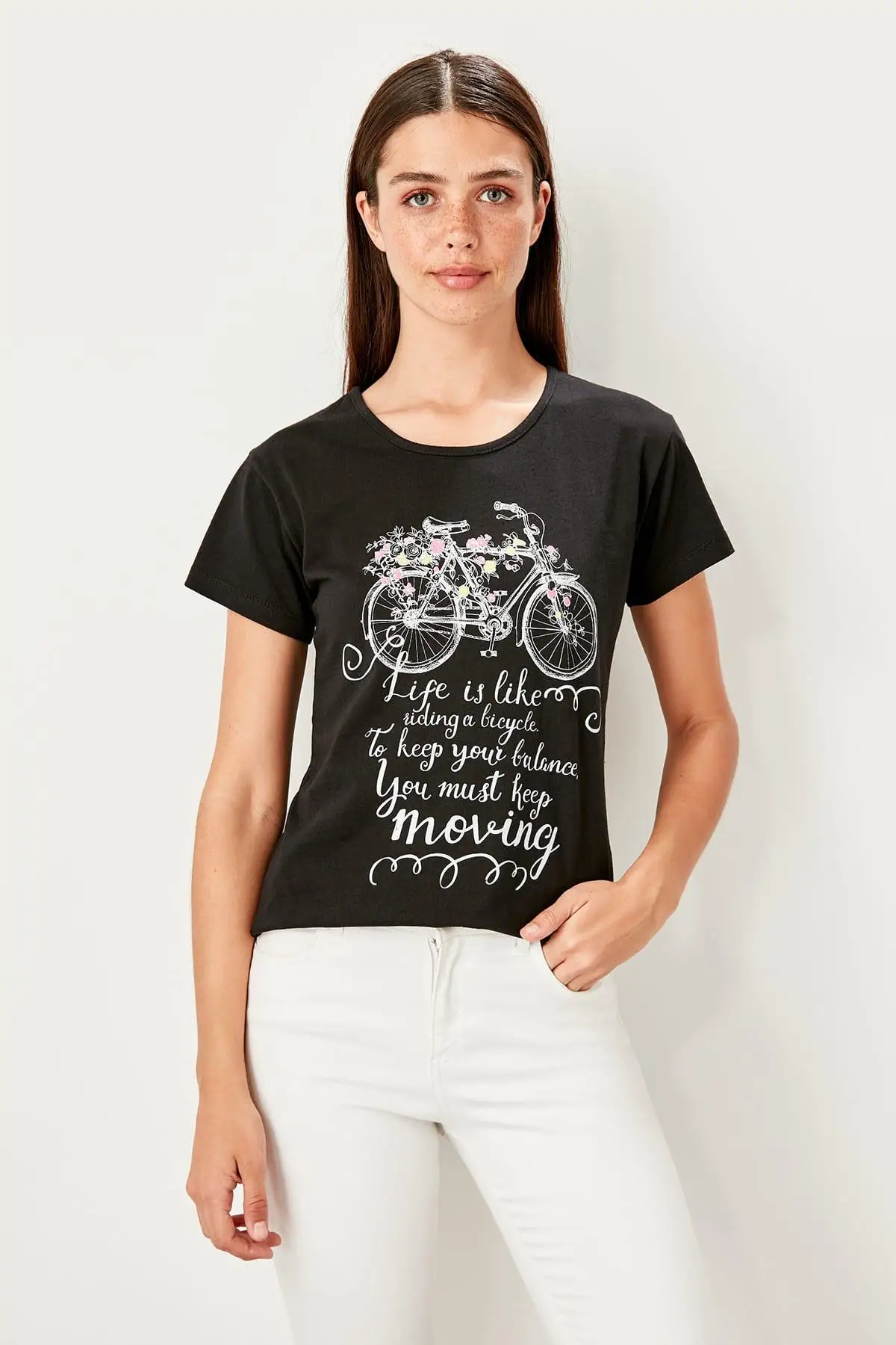 Trendyol черные Базовые Трикотажные футболки с принтом TWOSS19TS0453|Футболки| |
