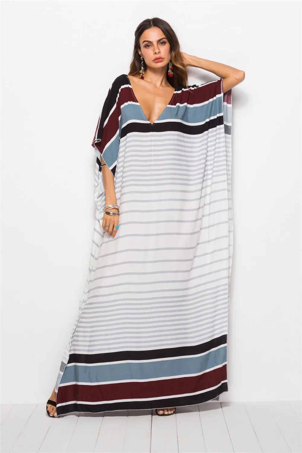 BOHOFREE Arabian Style Striped Kaftan Oversized Loose Long Gown Street Fashion Maxi Robe Hippie Dress Women Beach Dresses | Женская