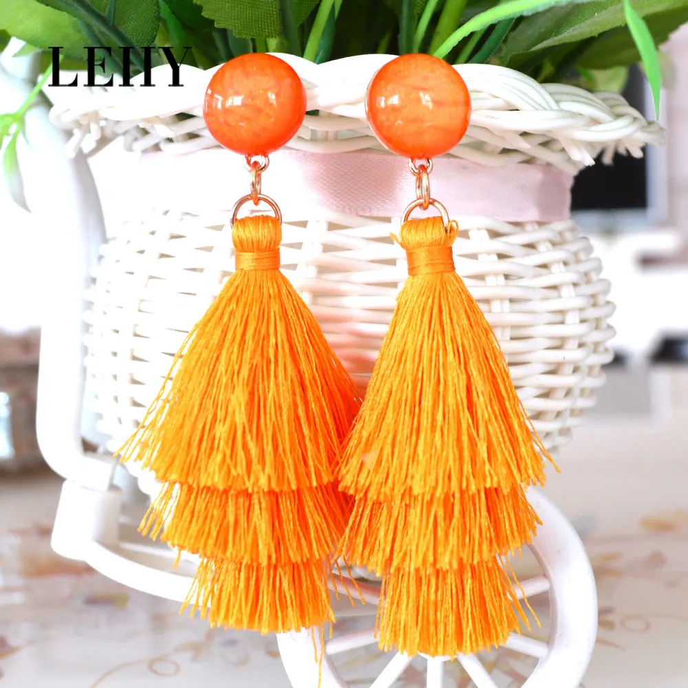 LEIIY Элегантный Boho ручной Оранжевый бахрома серьги для Для женщин с круглым смолы