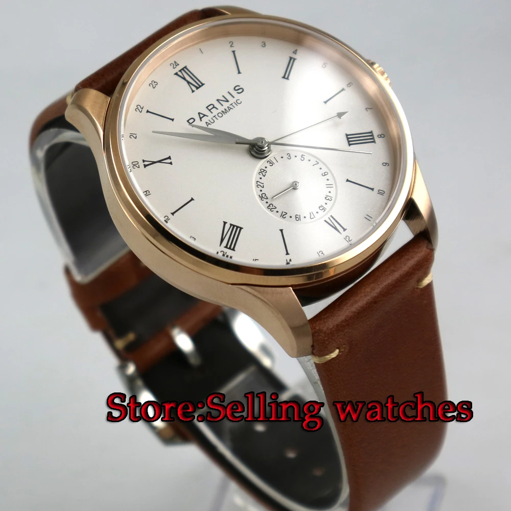 

42mm Parnis White dial stainless steel Rose gold Case Complete Calendar Sea gull Automatic movement Men's Watch