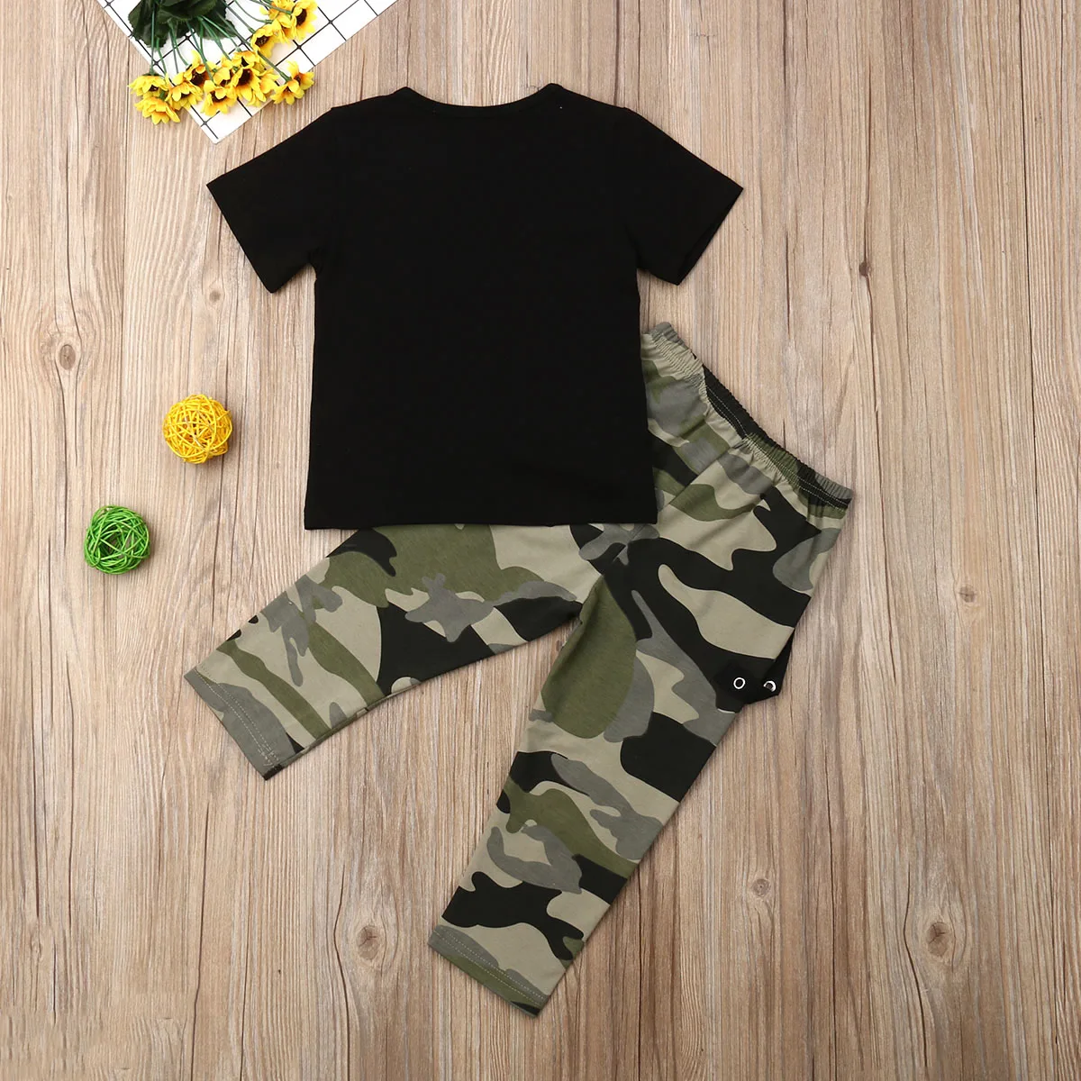 2PCS Toddler Kids Baby Boy Girl Clothes Sets 1-6Y Letter Print Black Tops Camouflage Long Pants Outfit Set | Детская одежда и