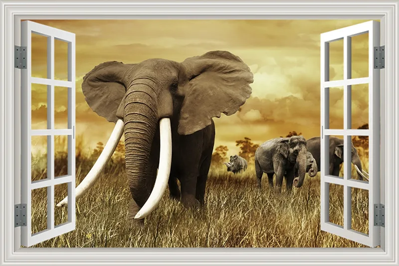 Window Frame Wall Decal Elephant African Bush Safari 3D View Vinyl Sticker Art Mural Peel and Stickers Room Decor | Дом и сад