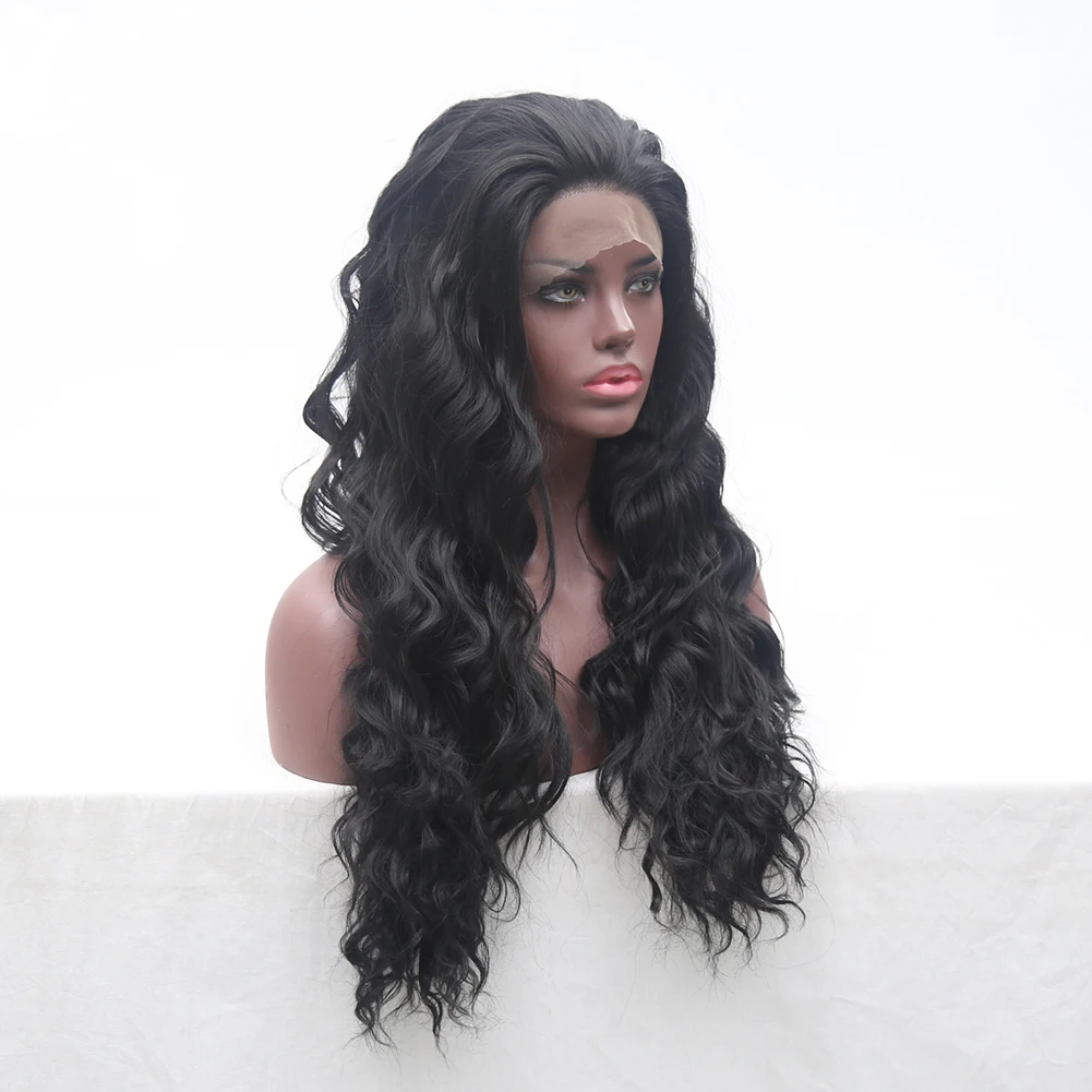 RONGDUOYI 150% Density Long Black Heat Resistant Synthetic Lace Front Wig With Baby Hair 24Inch Natural Wavy Wigs For Women | Шиньоны и