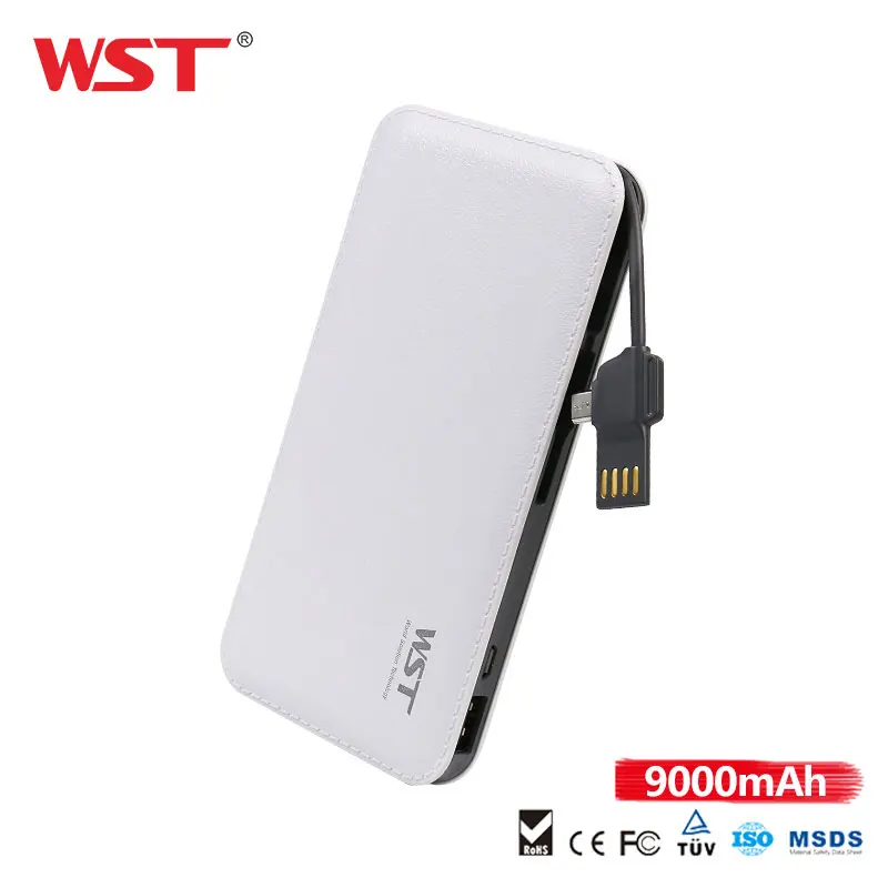  WST 9000mAh Power bank with Build in Cable Ultra Thin Li-Polymer Portable Phone Charger Compatible for iPhone Android and More