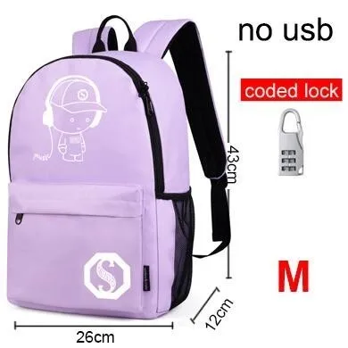 1pcs no usb purple Аниме светящийся Оксфорд школьный рюкзак на плечо до 15,6 дюймов с usb зарядным портом и замком школьная сумка для мальчика черный - Цвет: 1pcs no usb purple