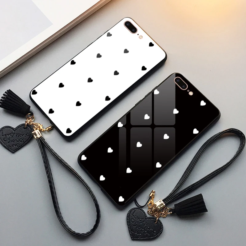 Чехол для iPhone XR X XS Max 7 из закаленного стекла с сердечком и кисточкой на шнурке, подходит для 6 6S 8 Plus.