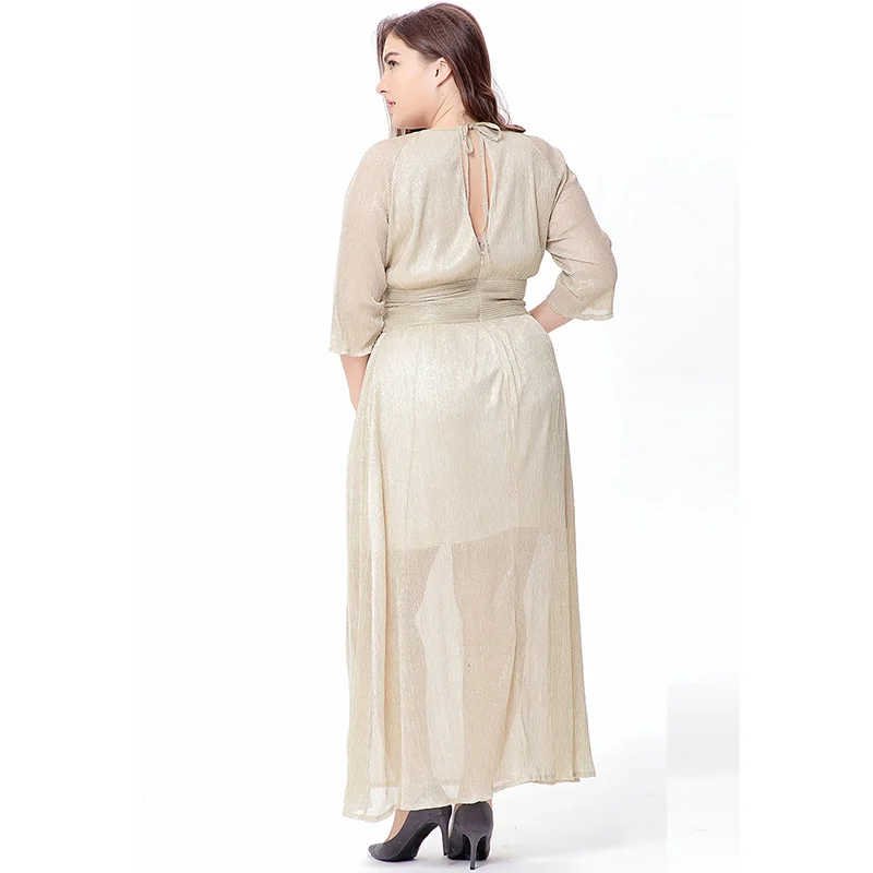 Eoropean Women Summer Dress O Neck Half Sleeve Plus Size 6XL Beige Draped Split Vestidos longos de verao | Женская одежда
