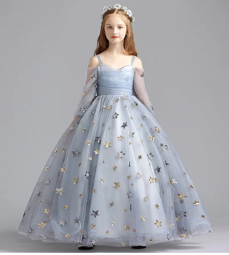 New Princess Flower Girl Dresses for Weddings Ball Gown Long Sleeve Pageant Dress for Girls Kids First Communion Dresses