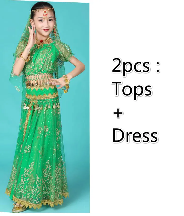 2pcs green Детские индийские костюмы для танца живота, египетские вечерние костюмы для выступлений, танцевальная одежда Для Болливуда, Восточный Костюм для Хеллоуина - Цвет: 2pcs green