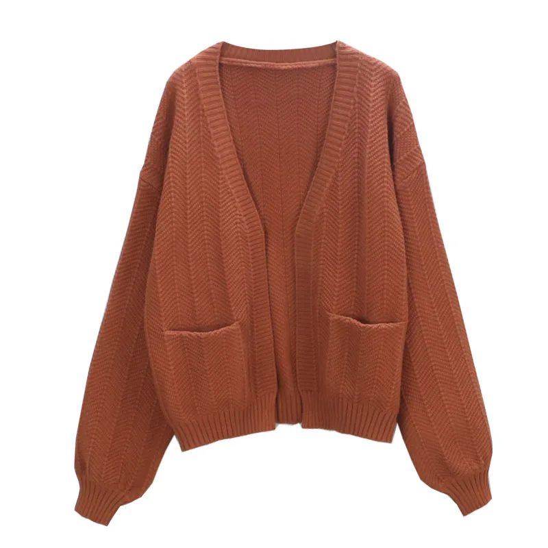 2019 For Girl Casual Knitted Sweater Autumn Korean Women Slim Solid Color Pocket Design Cardigan Khaki White Blue Brown |