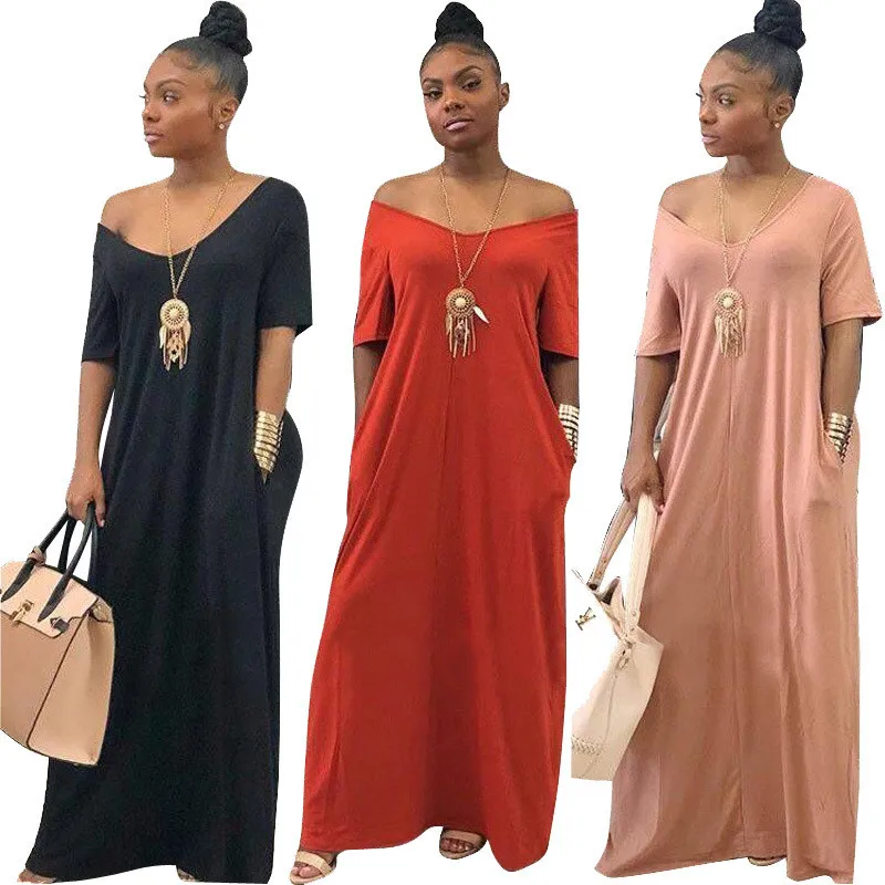 

Women Summer Boho Off Shoulder Short Sleeve Cotton Long Maxi Dress Casual Loose Pocket Solid Party Dresses Vestido