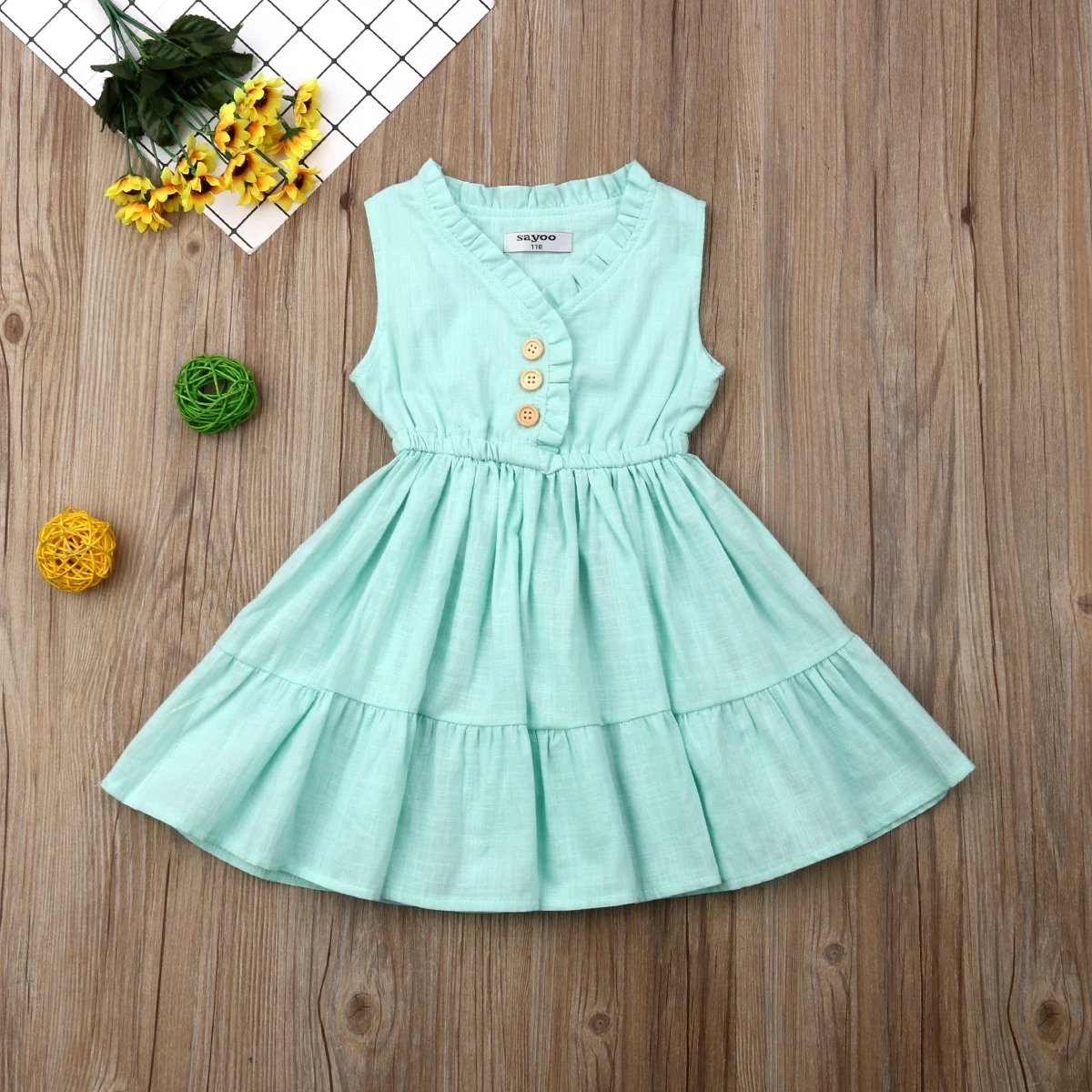 Summer New Sweet Baby Girls Kids Ruffles Toddler Sleeveless V-neck Solid Sundress Princess Party Girl Causal Dresses | Детская одежда и