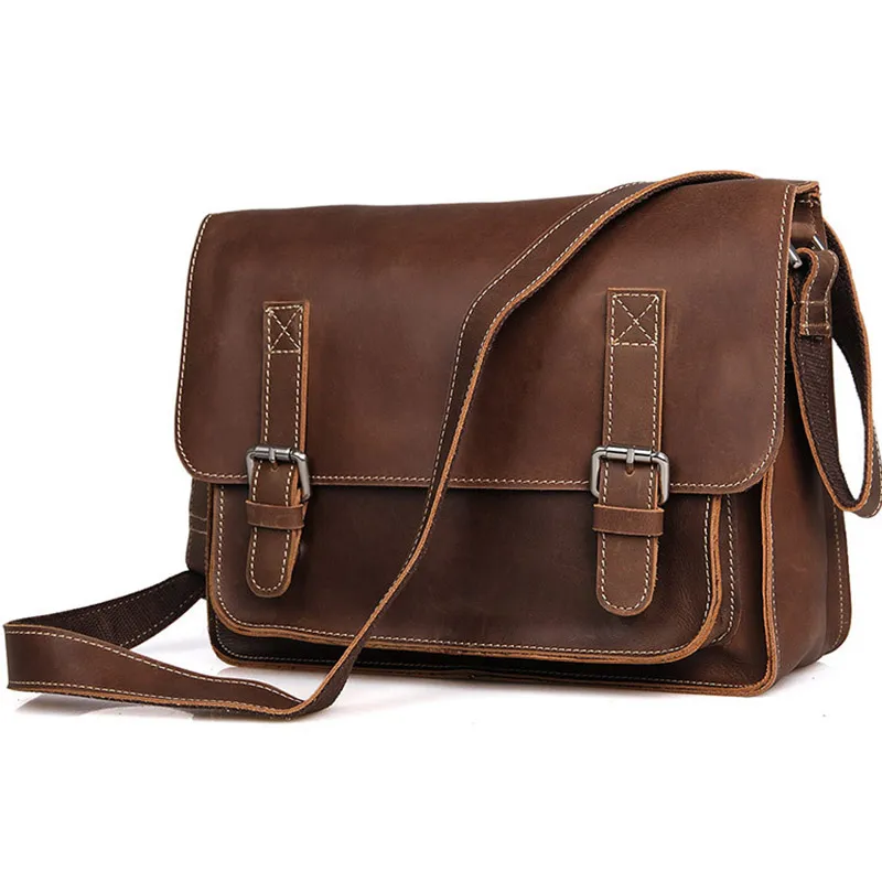 Crazy Horse Men Genuine Leather Messenger Bag Male Coffee CrossBody Bag Vintage Travel Leather Briefcases for IPAD