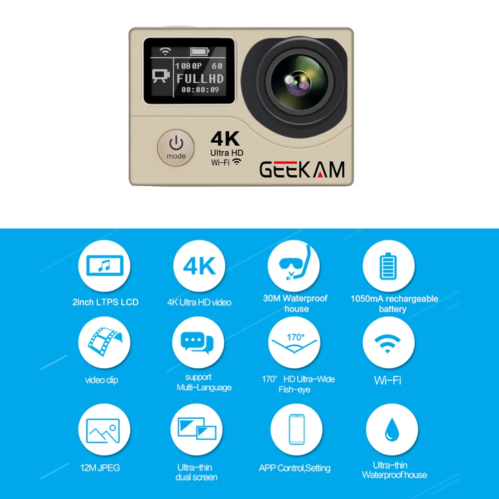 Geekam H3 h3r действие Камера 4 К Wi Fi Ultra HD 170d Go 30 м Водонепроницаемый мини Cam Pro Dual Экран