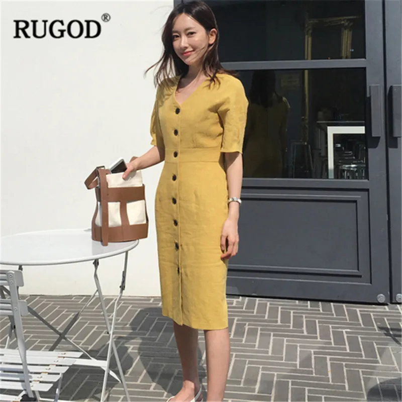 Женское однобортное платье RUGOD желтое однотонное до колена с короткими рукавами