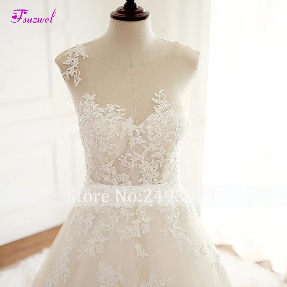 Fsuzwel Robe De Mariage свадебное платье трапециевидной формы с О-образным вырезом и поясом, очаровательное кружевное платье принцессы со шлейфом и аппликацией