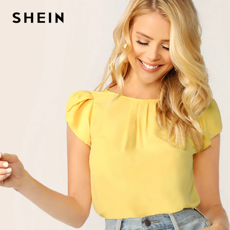 SHEIN Элегантная блузка с рукавом-лепестком сзади, женская летняя блуза, плиссированная рабочая одежда, шифоновая блузка для офиса