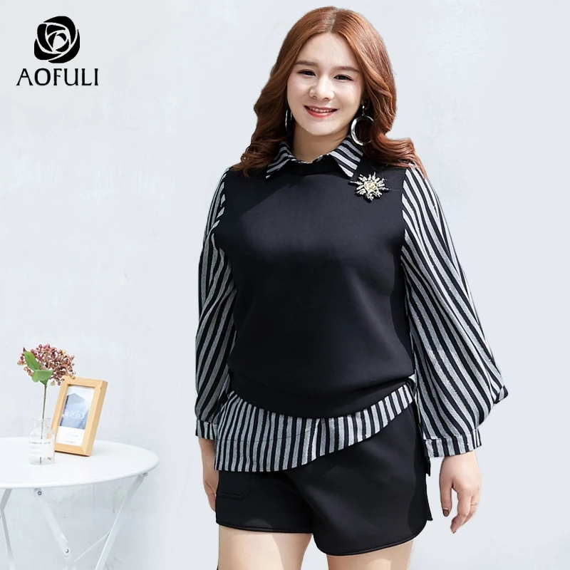 Женский Асимметричный комплект с шортами AOFULI L ~ 4XL 5XL из топов и шорт черного цвета