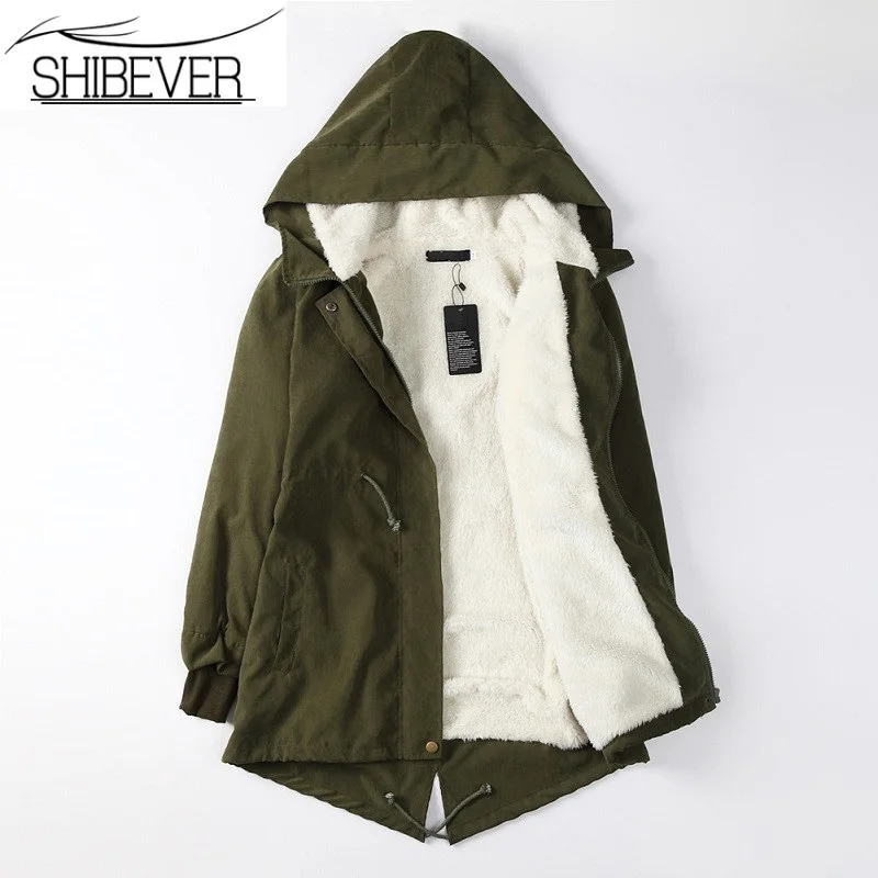 SHIBEVER женские куртки пальто осень-зима парка с капюшоном флис Длинная Верхняя