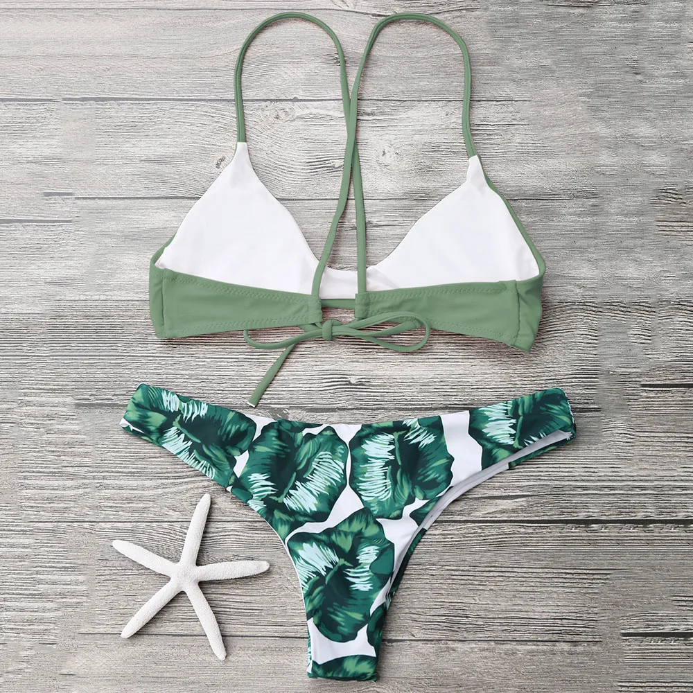ZAFUL купальники Cami Bralette пальмовый лист бикини набор купальный костюм Спагетти