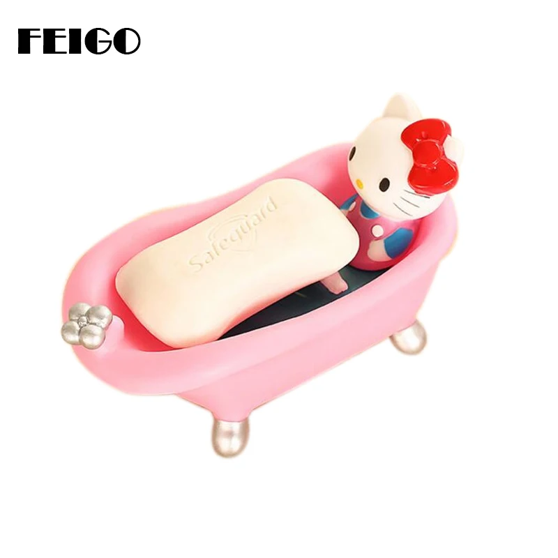 

FEIGO 1Pc Cute Cartoon Pink Cat Soap Dish Box Creative Home Bathroom Accessories Set Holder Wash Drain Shower Case Gift box F52