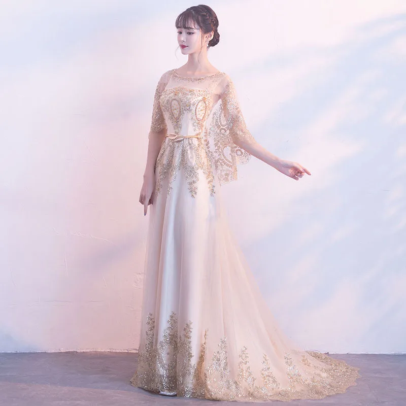 Sequins Elegant Celebrity Dresses Women Mesh Wrap Dress Perlen Kleid Shawl Sleeve Vestidos De Festa Longo Belt Evening Gown - Цвет: Gold 1