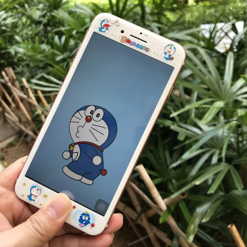 3D углеродное волокно мультфильм Закаленное стекло пленка для iPhone 6 6s 7 8 Plus Kitty Doraemon мышь Кумамон защитный экран протектор