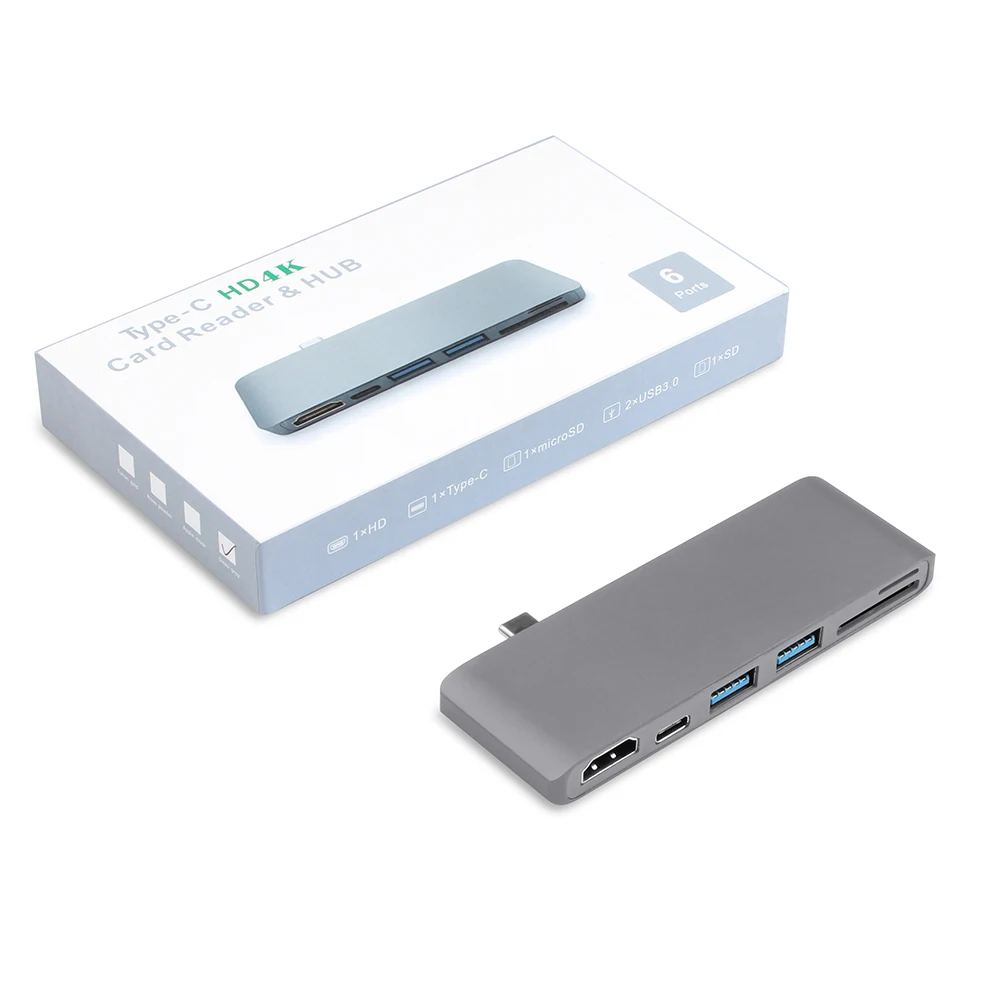 6 в 1 USB C концентратор Многофункциональный Тип C адаптер к HDMI SD/Micro кард-ридер и 2 USB 3,0 порта для нового MacBook Pro 15 16 Air 13