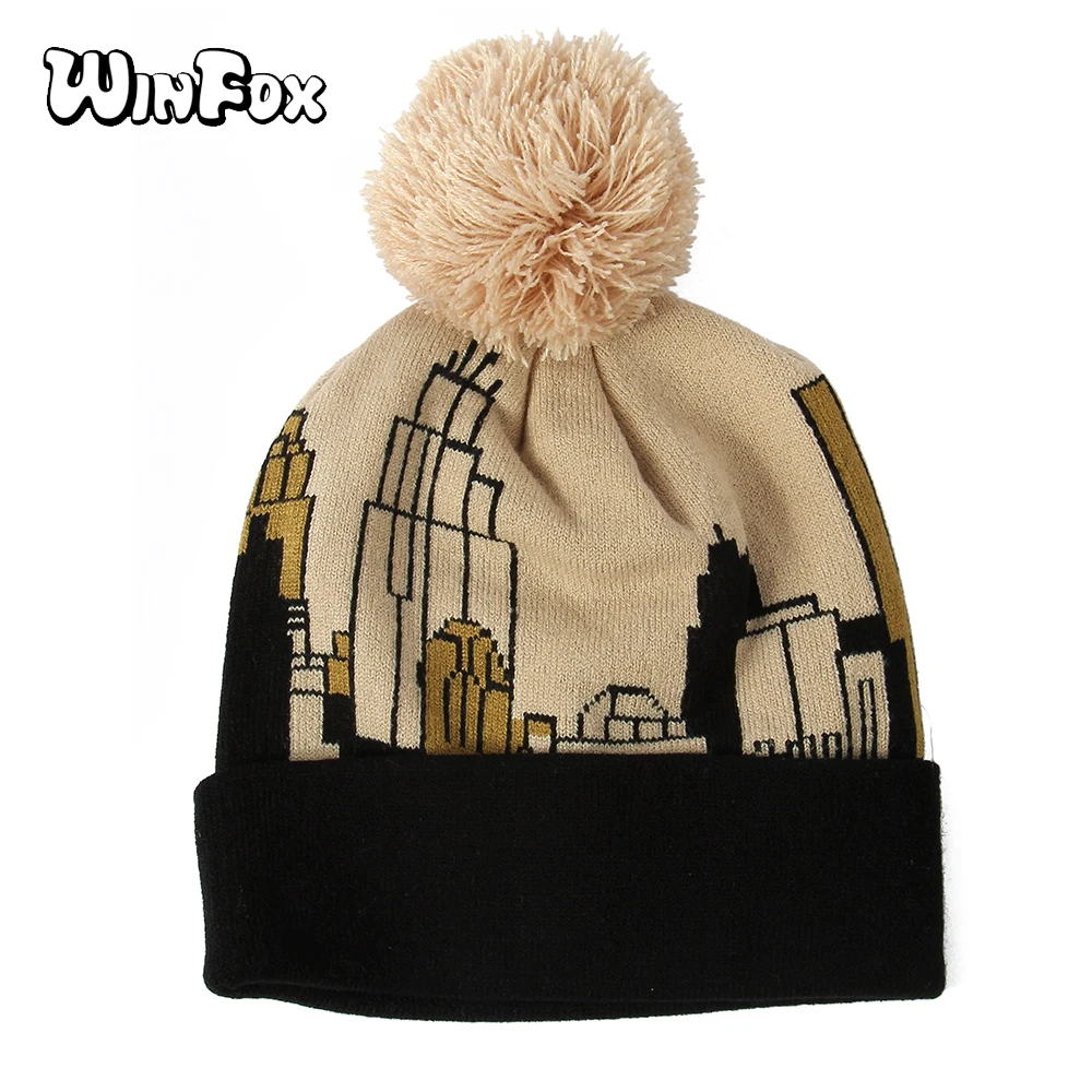 Winfox Повседневная зимняя шапка Skullies с меховым помпоном голубые белые вязаные