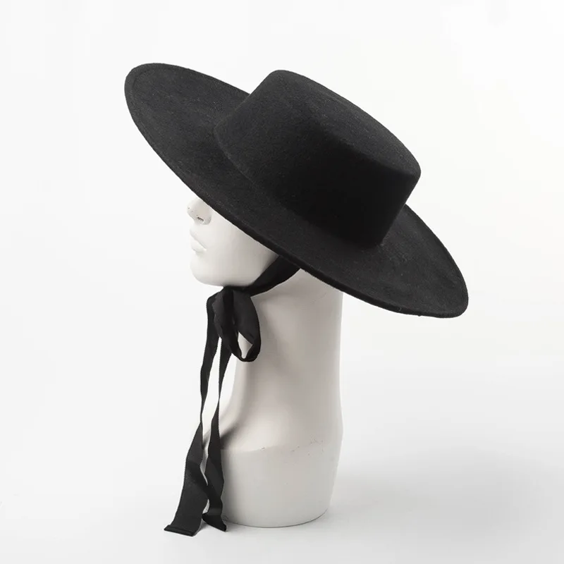 Черный 01906-HH8142 autumn winter FLAT jazz cap wool long black ribbon fedoras cap men women leisure panama hat - Цвет: Черный