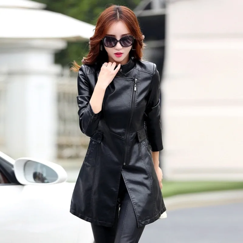Spring and autumn medium-long leather jacket long-sleeve female  high quality elegant fashion slim leather Explosive M-5XL 6608