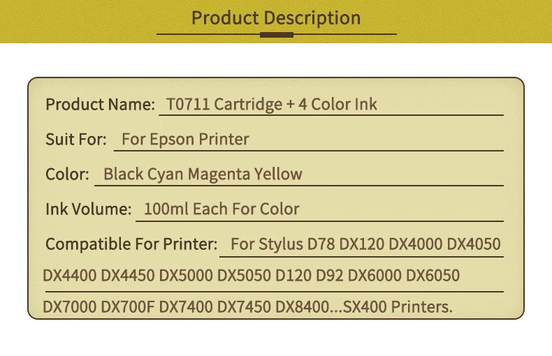 T0711 чернильный картридж для принтера Epson Stylus SX215 SX218 SX400 SX405 SX405WiFi SX410 SX415 SX510W принтер+ 4 цвета 100 мл пополнения чернил