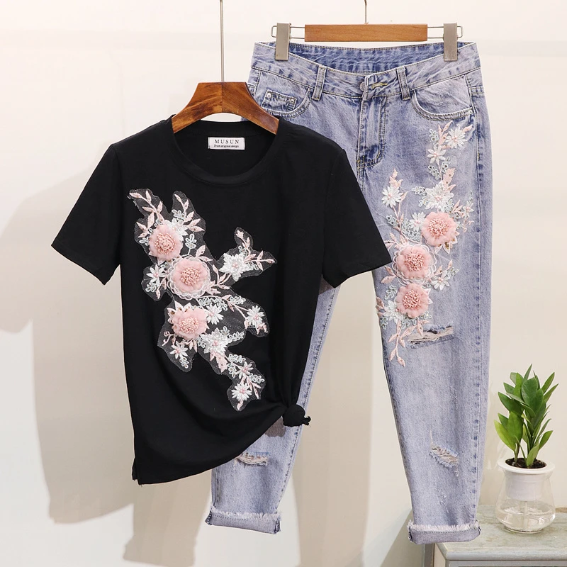 2019 Весна Лето Женский комплект 2 шт. вышивка бисером цветок короткий рукав