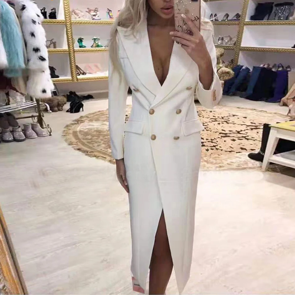 2020 Autumn New Women'S Fashion Jacket Deep V-Neck Long-Sleeved Double-Breasted Long Black White Red | Женская одежда