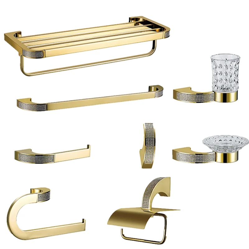 

Luxury Brass Gold Bathroom Accessories Set Toothbrush Holder Metal Soap Dish Polished with Crystal Bathroom Hardware Set