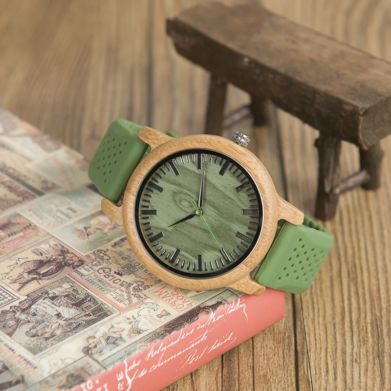 

BOBO BIRD Green Silicone Band Green Face Bamboo Watch Men Quartz Wristwatch Accept Dtop Shipping relogio masculino B-B06