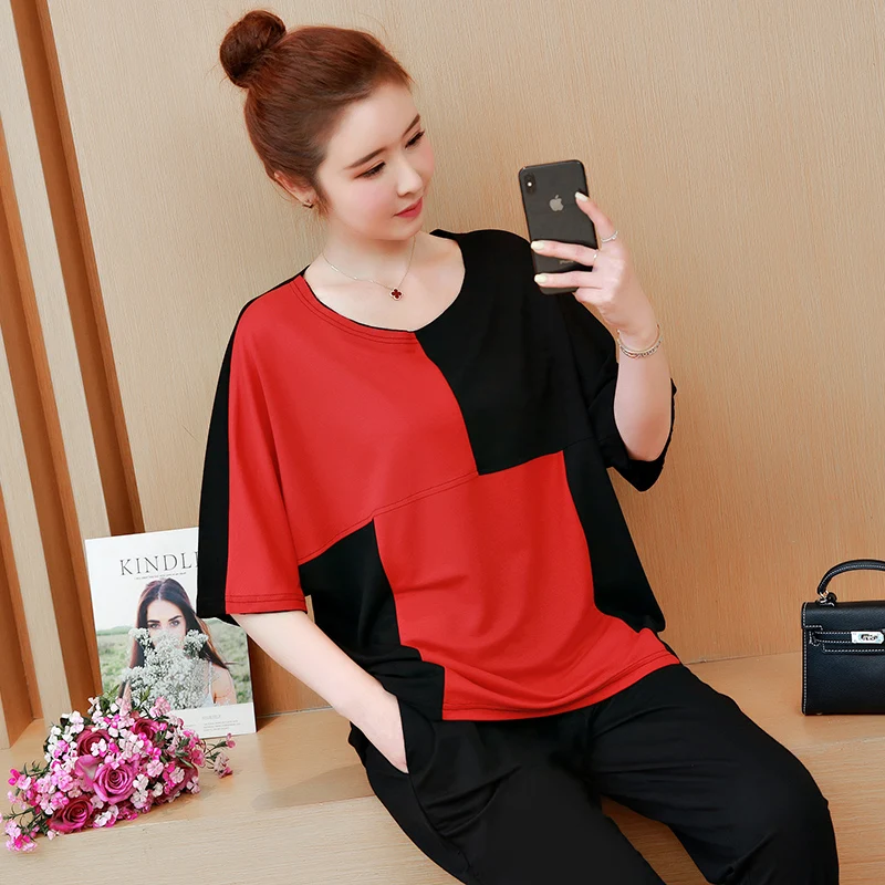 Новинка 2019 укороченные брюки большого размера с коротким рукавом модный костюм